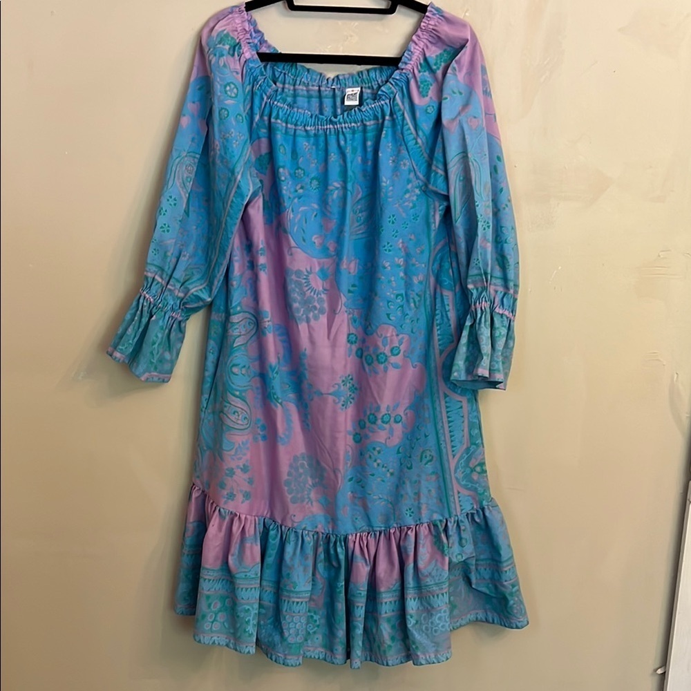 Hungry Palette Silk Screen Print Dress 70s Peasant Paisley Floral Dress Size S